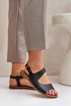 Skórzane Sandały Na Sprzączkę Z Tłoczeniem Lewski 3041 Czarne