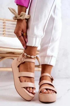 Skórzane Sandały Na Sprzączkę Beżowe Graceful