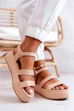 Skórzane Sandały Na Sprzączkę Beżowe Graceful