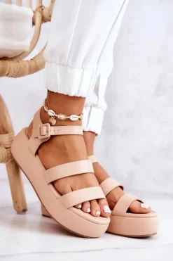 Skórzane Sandały Na Sprzączkę Beżowe Graceful