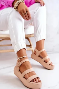 Skórzane Sandały Na Sprzączkę Beżowe Graceful