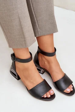 Skórzane Sandały Na Srebrnym Obcasie Laura Messi 2143 Czarne