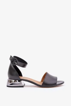 Skórzane Sandały Na Srebrnym Obcasie Laura Messi 2143 Czarne