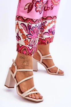 Skórzane Sandały Na Słupku Beżowe Florentina