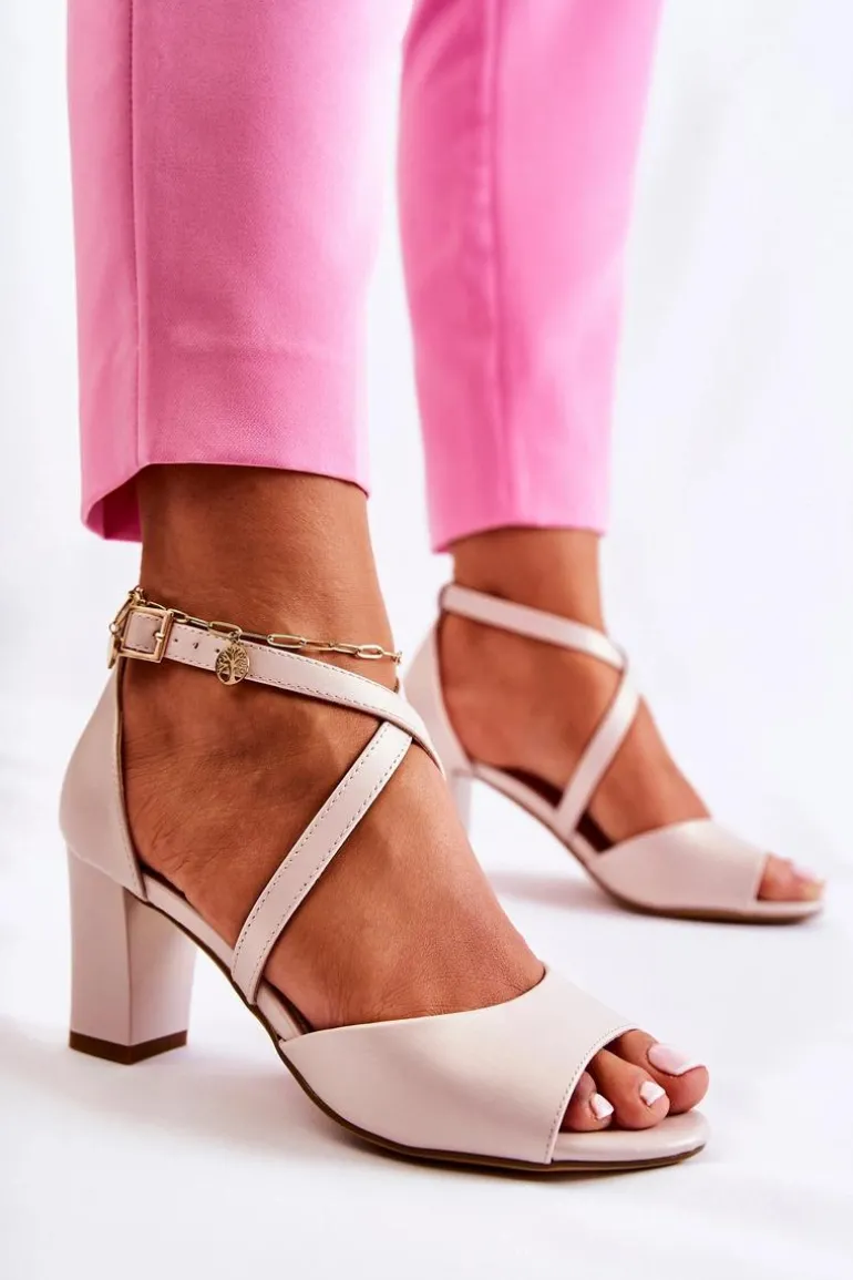 Skórzane Sandały Na Słupku Beżowe Damess