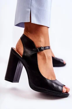 Skórzane Sandały Na Słupku Czarne Visali