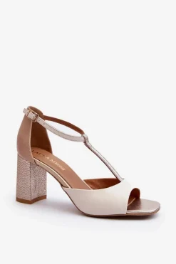 Skórzane Sandały Na Słupku Laura Messi 2759 Beżowe