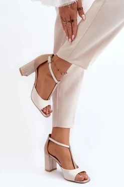 Skórzane Sandały Na Słupku Laura Messi 2759 Beżowe