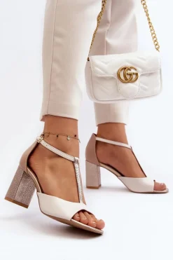 Skórzane Sandały Na Słupku Laura Messi 2759 Beżowe