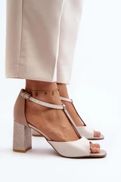 Skórzane Sandały Na Słupku Laura Messi 2759 Beżowe