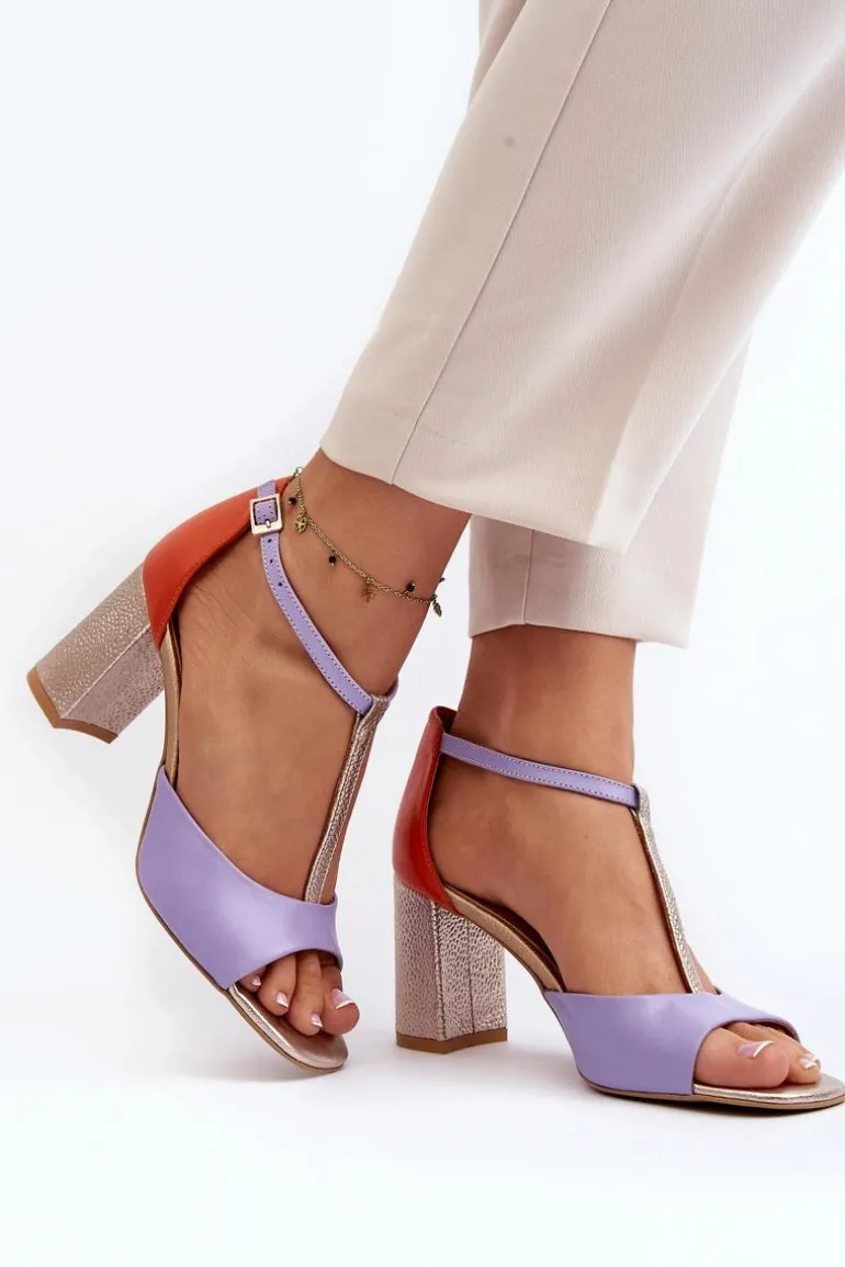 Skórzane Sandały Na Słupku Laura Messi 2759 Fioletowe