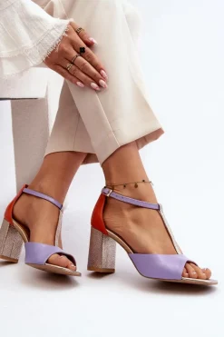 Skórzane Sandały Na Słupku Laura Messi 2759 Fioletowe