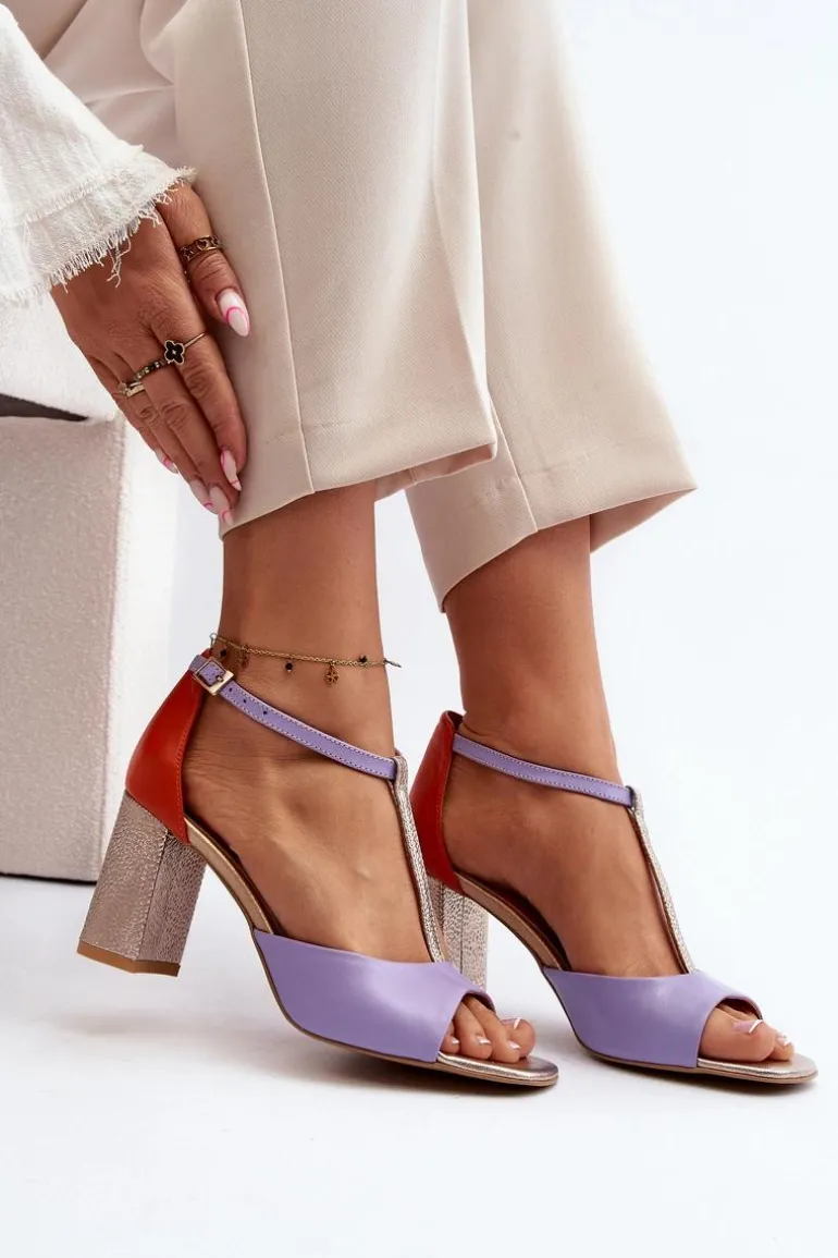 Skórzane Sandały Na Słupku Laura Messi 2759 Fioletowe