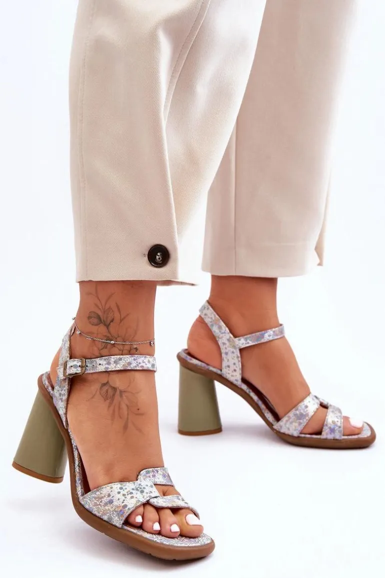 Skórzane Sandały Na Słupku Maciejka 06029-24 Biało-Zielone