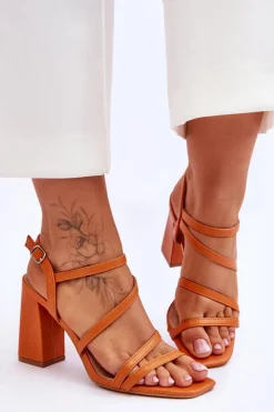 Skórzane Sandały Na Słupku Pomarańczowe Florentina