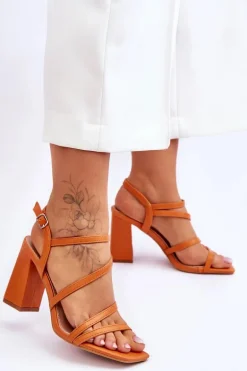 Skórzane Sandały Na Słupku Pomarańczowe Florentina