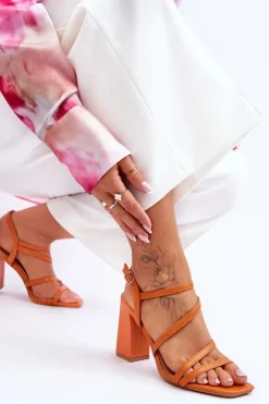Skórzane Sandały Na Słupku Pomarańczowe Florentina