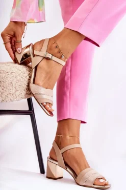 Skórzane Sandały Na Słupku Różowo-Złote Corane