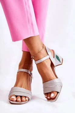 Skórzane Sandały Na Słupku Srebrne Corane