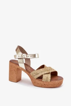 Skórzane Sandały Na Słupku Z Plecionką Na Paskach Zazoo 40460 Złote