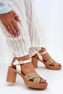 Skórzane Sandały Na Słupku Z Plecionką Na Paskach Zazoo 40460 Złote