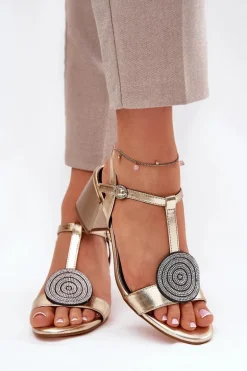 Skórzane Sandały Na Słupku Z Ozdobą D&A JC51-842 Złote