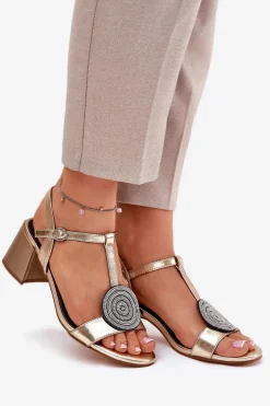 Skórzane Sandały Na Słupku Z Ozdobą D&A JC51-842 Złote