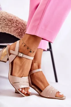 Skórzane Sandały Na Słupku Złoty Beż Corane