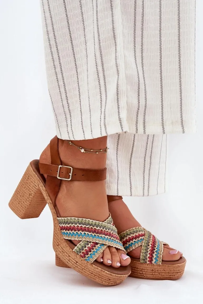Skórzane Sandały Na Słupku Z Plecionką Na Paskach Zazoo 40460 Brązowe
