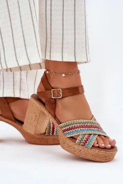 Skórzane Sandały Na Słupku Z Plecionką Na Paskach Zazoo 40460 Brązowe