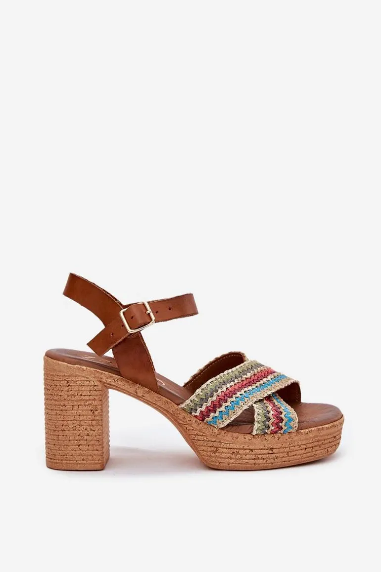 Skórzane Sandały Na Słupku Z Plecionką Na Paskach Zazoo 40460 Brązowe