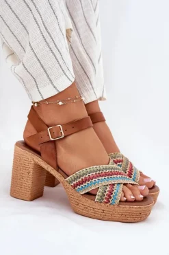 Skórzane Sandały Na Słupku Z Plecionką Na Paskach Zazoo 40460 Brązowe