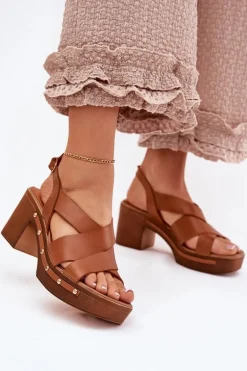 Skórzane Sandały Na Słupku Zazoo 1081 Brązowe