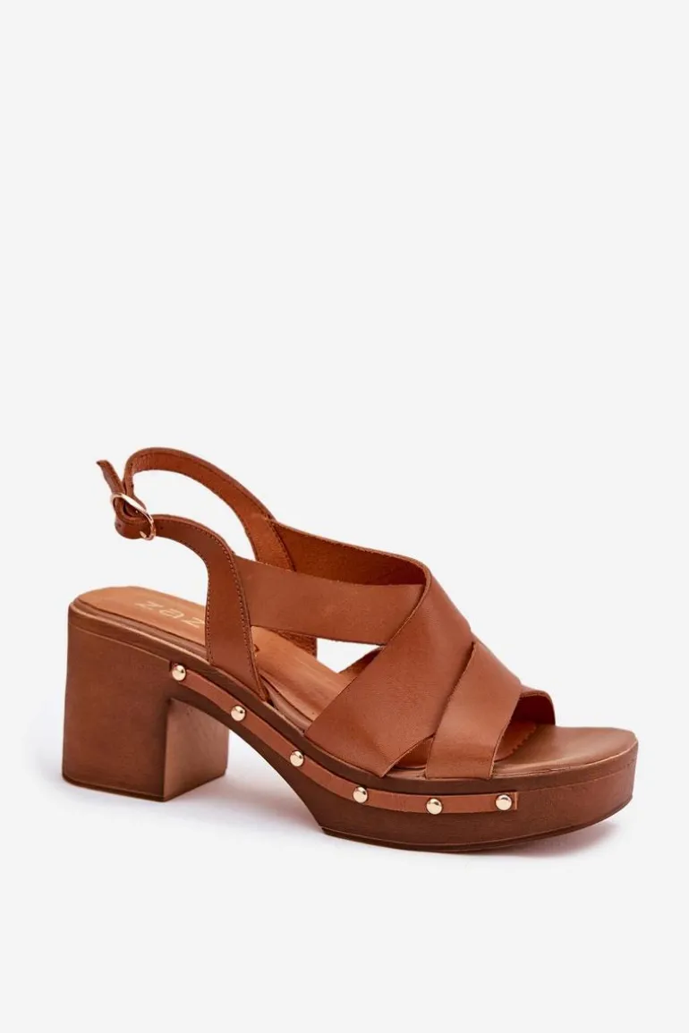 Skórzane Sandały Na Słupku Zazoo 1081 Brązowe