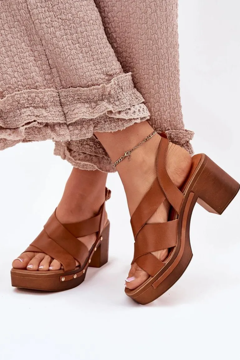 Skórzane Sandały Na Słupku Zazoo 1081 Brązowe