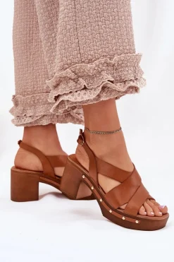 Skórzane Sandały Na Słupku Zazoo 1081 Brązowe