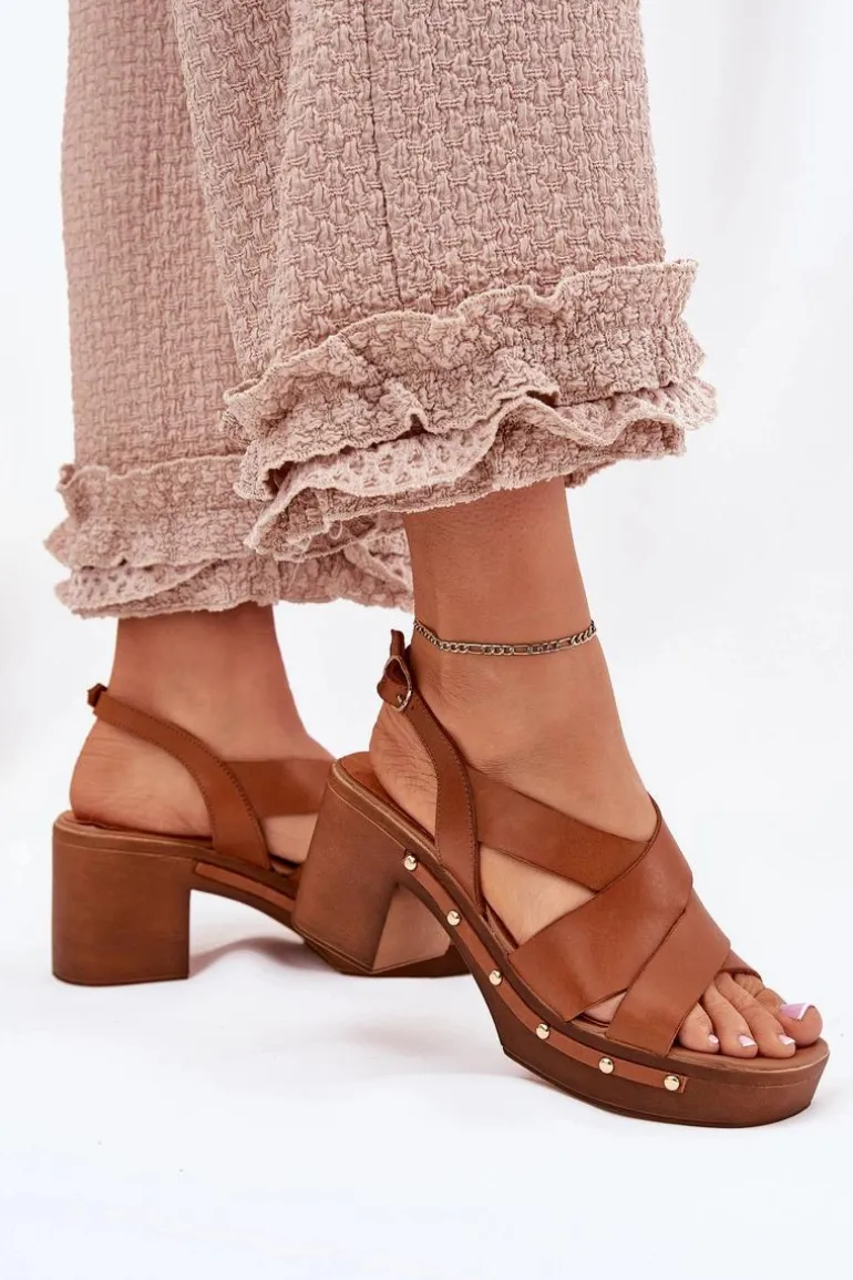 Skórzane Sandały Na Słupku Zazoo 1081 Brązowe