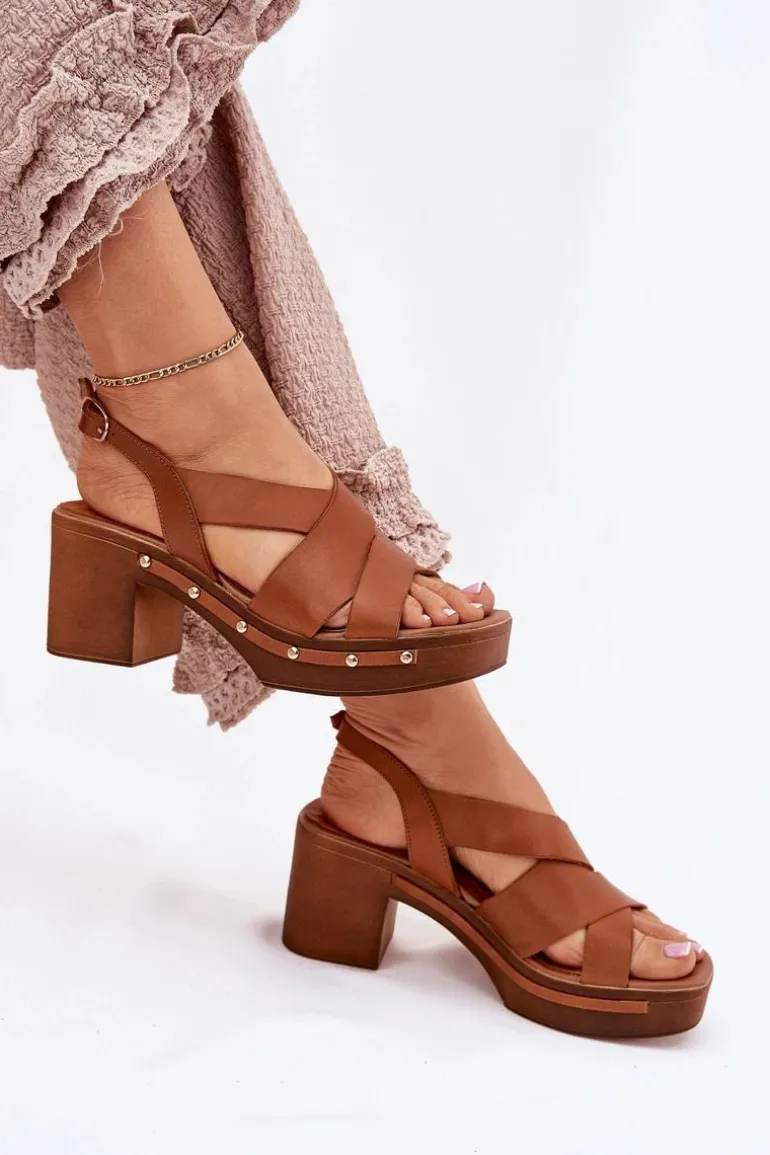 Skórzane Sandały Na Słupku Zazoo 1081 Brązowe