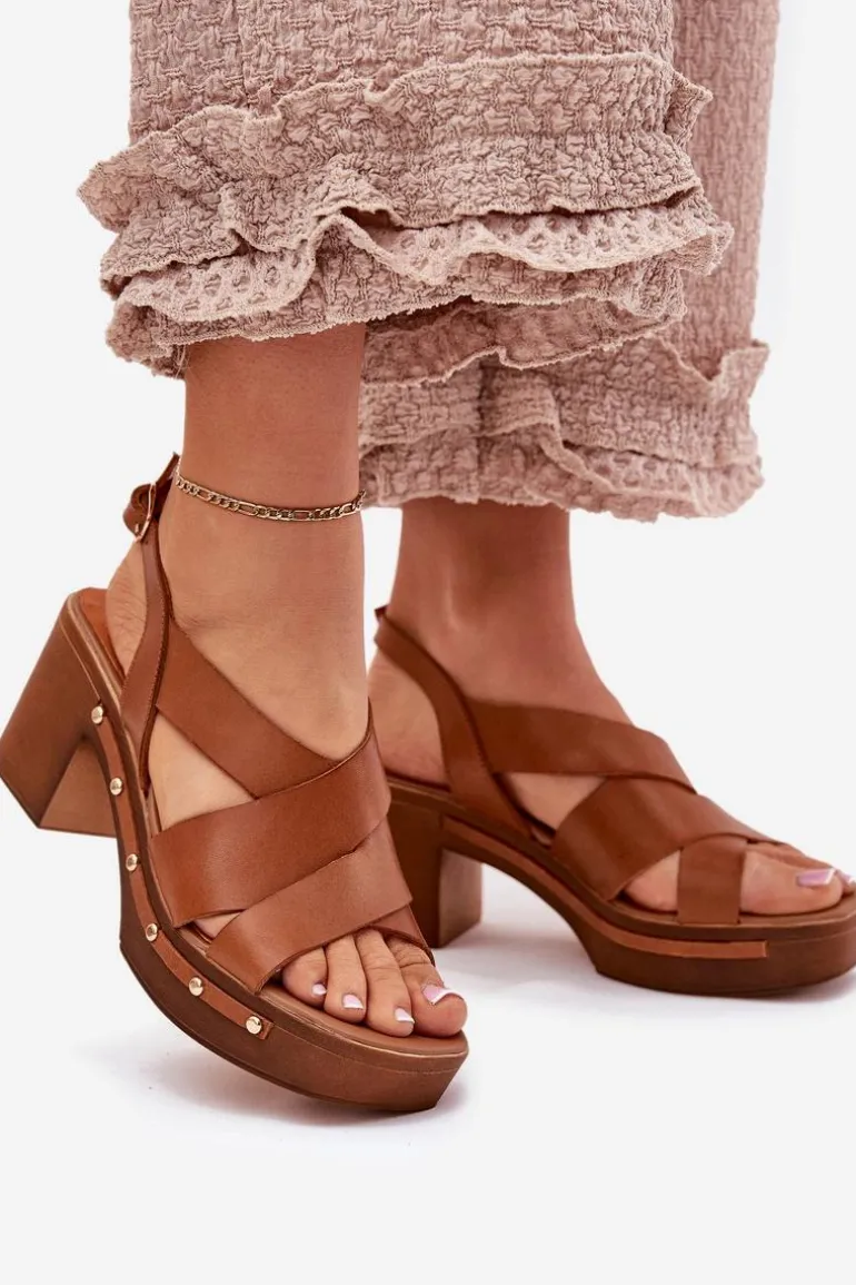 Skórzane Sandały Na Słupku Zazoo 1081 Brązowe