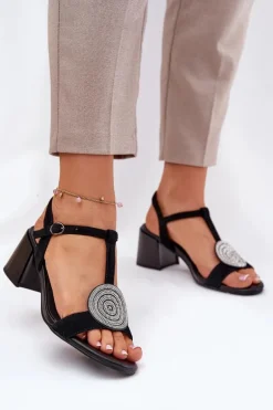 Skórzane Sandały Na Słupku Z Ozdobą D&A JC51-842 Czarne