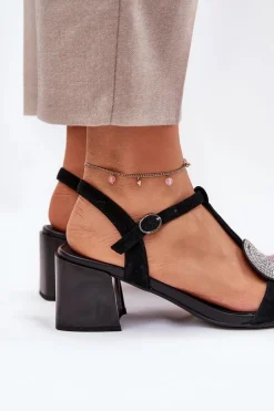 Skórzane Sandały Na Słupku Z Ozdobą D&A JC51-842 Czarne