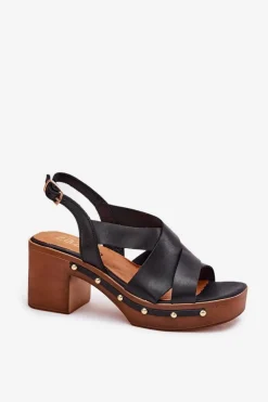 Skórzane Sandały Na Słupku Zazoo 1081 Czarne