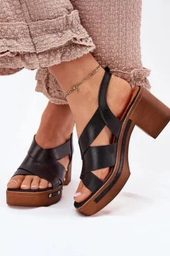 Skórzane Sandały Na Słupku Zazoo 1081 Czarne