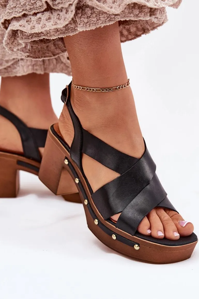 Skórzane Sandały Na Słupku Zazoo 1081 Czarne