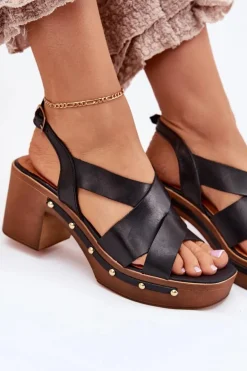 Skórzane Sandały Na Słupku Zazoo 1081 Czarne
