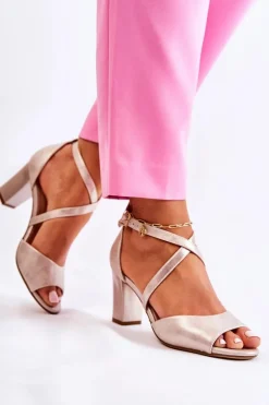 Skórzane Sandały Na Słupku Złote Damess