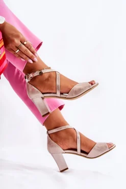 Skórzane Sandały Na Słupku Złote Damess