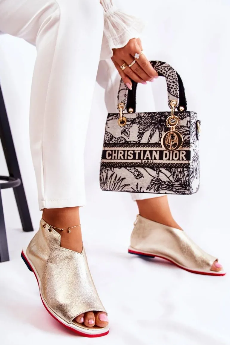 Skórzane Sandały Na Suwak Złote Clorie