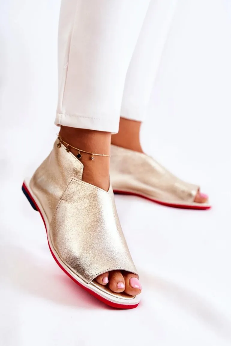 Skórzane Sandały Na Suwak Złote Clorie