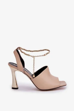 Skórzane Sandały Na Szpilce Z Ozdobną Bransoletą CheBello 4440 Beżowe